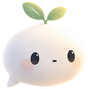 コバト。白くて丸い吹き出しのからだに、緑の双葉がのっている。おだやかな顔。